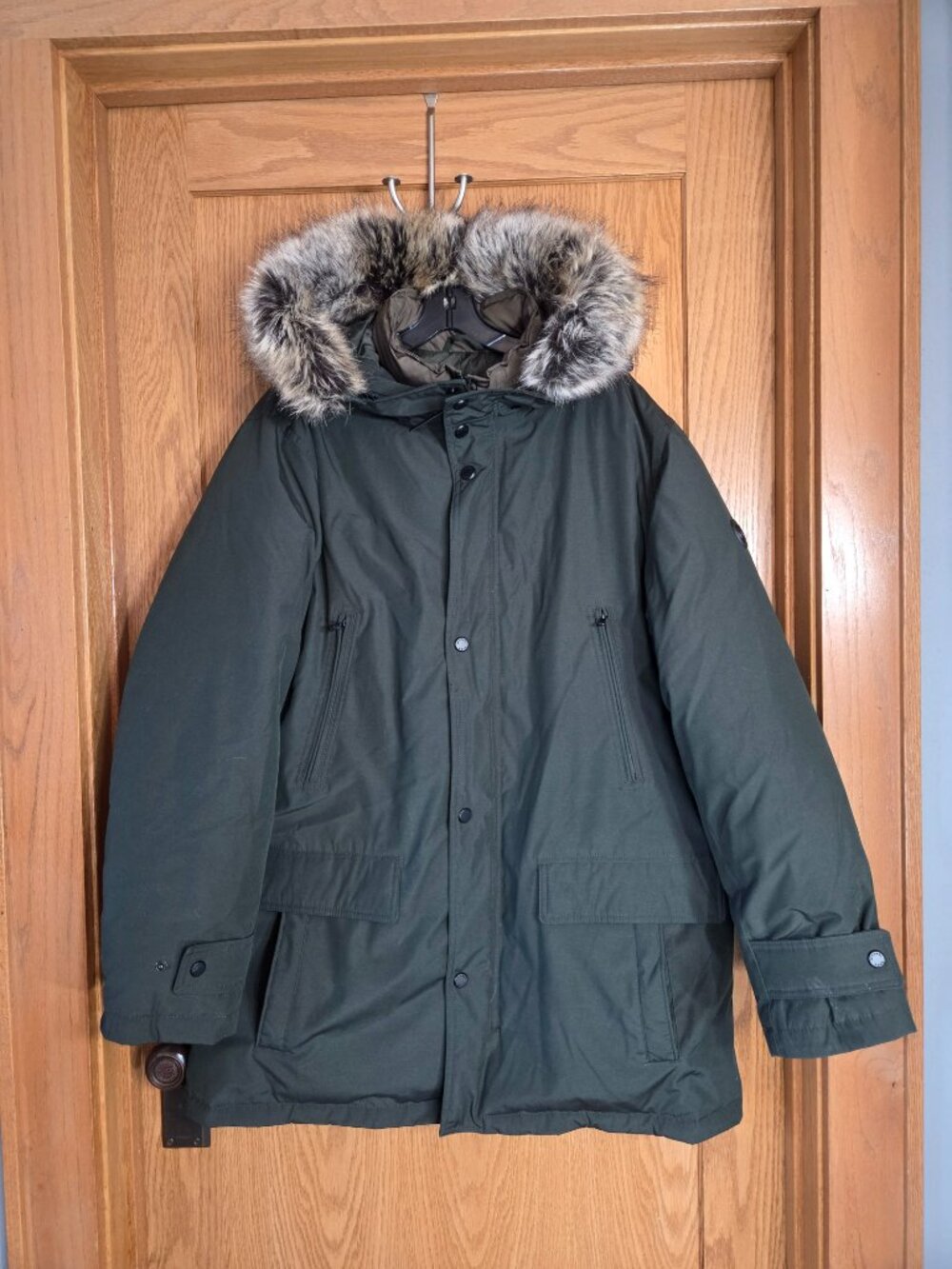 Michael Kors Snorkel Bib Parka Jacket (Sz XL) Olive Green Faux Fur Trim